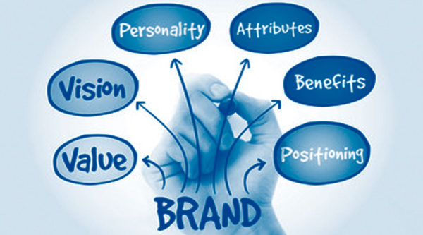 Hand holding a marker, with bubbles around it that have brand-related words inside.
