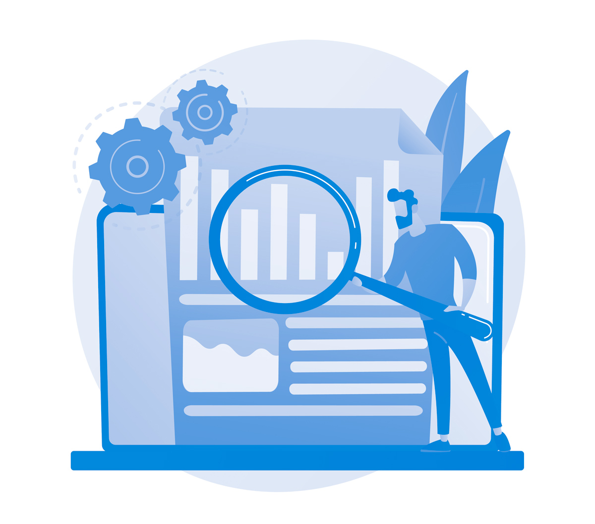 DigitalBrandStrategy Cartoon man holding a large magnifying glass over a sheet of paper