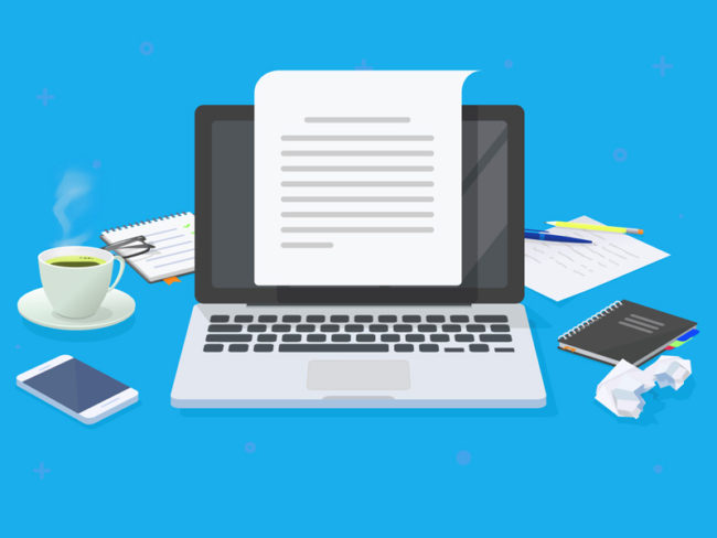 5-ways-create-content-blog Graphic of open laptop with lined paper over the screen.