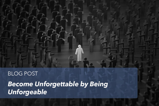 Blog-become-unforgettable a sole white figure stands out amongst black figures and background